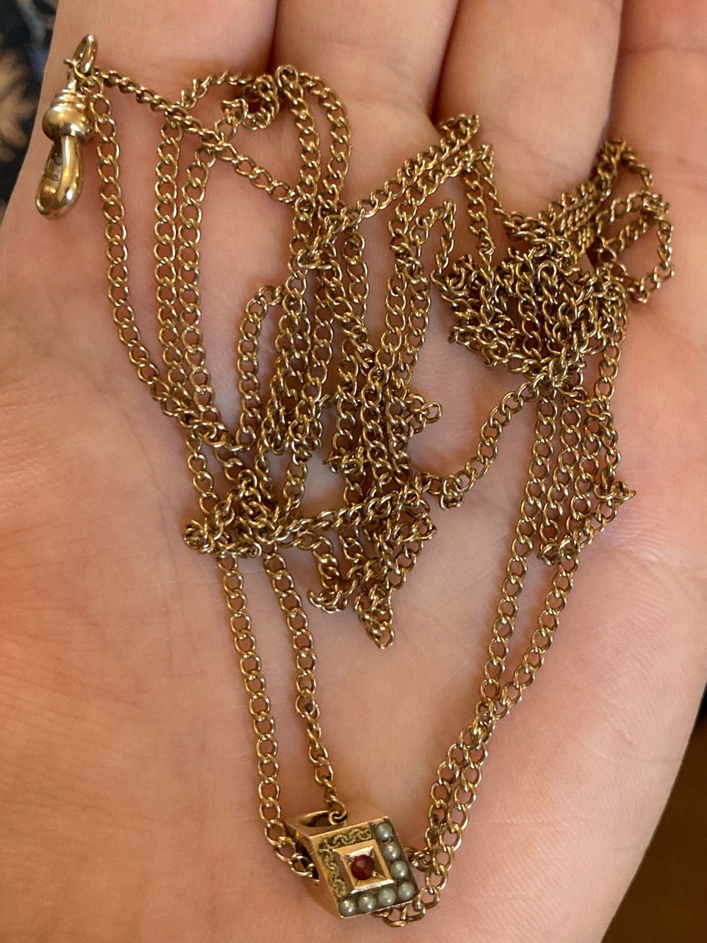 Antique Victorian 1/10 Gold Seed Pearl & Garnet Paste Watch Chain Necklace - Picture 13 of 14